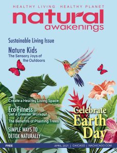 April 2021 Cover of Natural Awakenings Chicago Magazine with animated birds, butterflies and flowers
