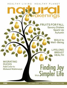 Natural Awakenings Chicago October 2021 cover with a cartoon pear tree