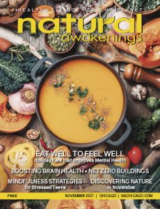 November 2021 cover of Natural Awakenings Magazine with a bowl of squash soup surrounded by other fall vegtables