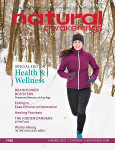 Cover of Natural Awakenings Chicgai edition magazine with a woman running outside on a snowy path in the woods.