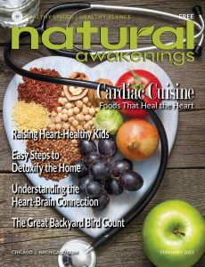 February 2023 cover of Natural Awakenings Chicago with a heart shaped plate full of heart healthy food and a stethoscope around it.