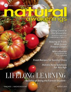 August 2023 cover of Natural Awakenings Chicago with a bowl of tomatoes and garlic.