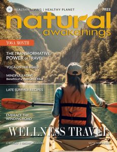 September 2023 cover of Natural Awkenings Magazine, Chicago edition with a woman canoing on a river through the mountains.