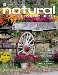November 2023 cover of Natural Awakenings Chicago Magazine with an old wagon loaded with mums.