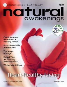 Natural Awakenings Magazine Chicago edition cover with a woman holding a snowball in the sahpe of a heart.