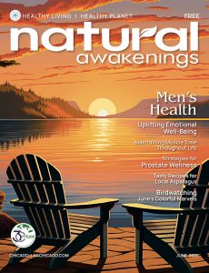 June 2024 cover of Natural Awakenings magazine, Chicago edition, with two chairs sitting on the beach with the sun setting.