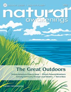 July 2025 cover of Natural Awakenings Chicago featuring an illustrated beach scene with tall green grasses, blue lake waves, and a bright summer sky. Headline reads “The Great Outdoors” with highlights on microadventures, farmers markets, seasonal recipes, and native bees.