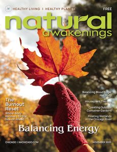 Natural Awakenings Chicago November 2925 cover fall leaf and a gloved hand